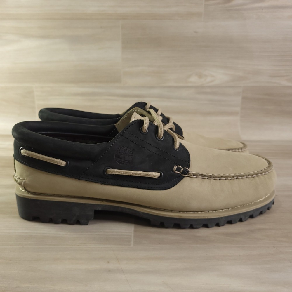 Timberland 3 Eye Lug Boat Shoes Mens 10.5 Tan Black A5RH8 Nubuck Leather Rugged